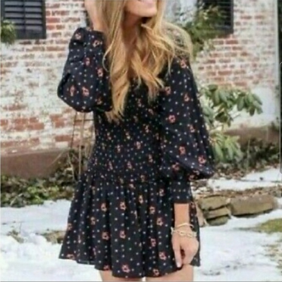 Free People Two Faces Mini Dress Mixed Print Puff Sleeve Square Neck Sz XS - Picture 1 of 12